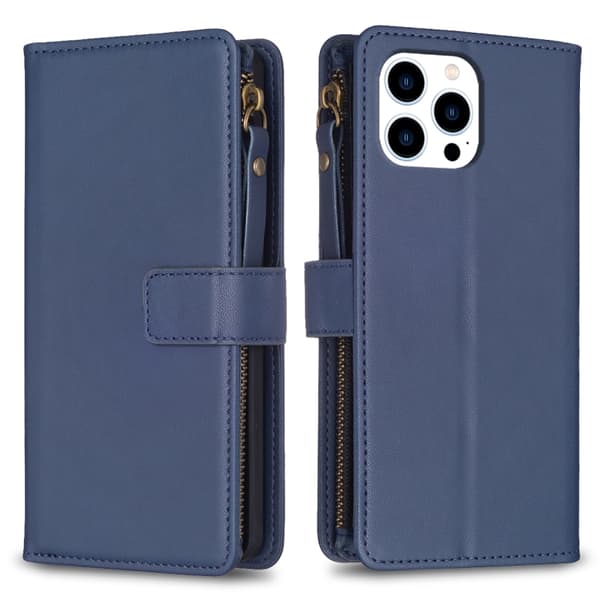 iPhone 16 Pro Max Fodral - 9 Kortfack Zipper Skal Läder Blå