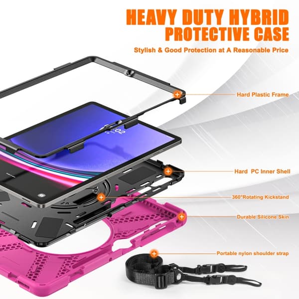 Samsung Galaxy Tab S9+/S8+ Rotationshandtag TPU + PC Tabletfodral Rosaröd