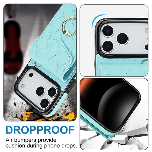 iPhone 18 Pro / iPhone 17 Pro Skal med Rhombisk Textur och Lång Rem Mintgrön