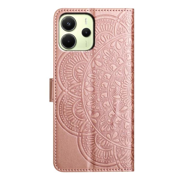 Redmi Note 14 4G - Blommig Prägad Läderfodral Roséguld