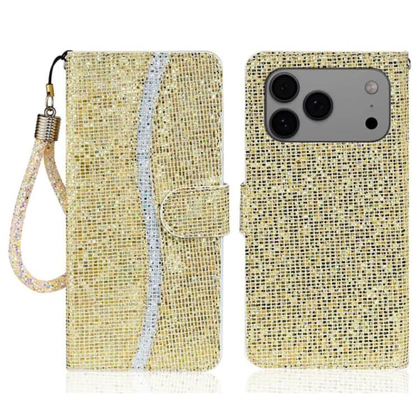 iPhone 18 Pro Max / iPhone 17 Pro Max Skal Läderfodral med Glitterpulver Guld
