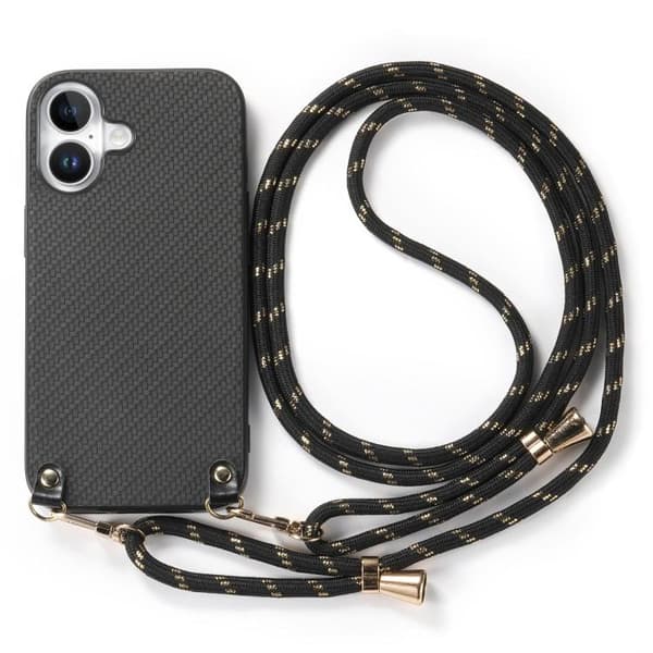 iPhone 17 Skal - kolfibertextur med axelrem Svart