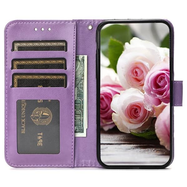 iPhone 18 Pro Max / iPhone 17 Pro Max Skal Läderfodral med Rosafärgad Fjäril Prägling Purpur