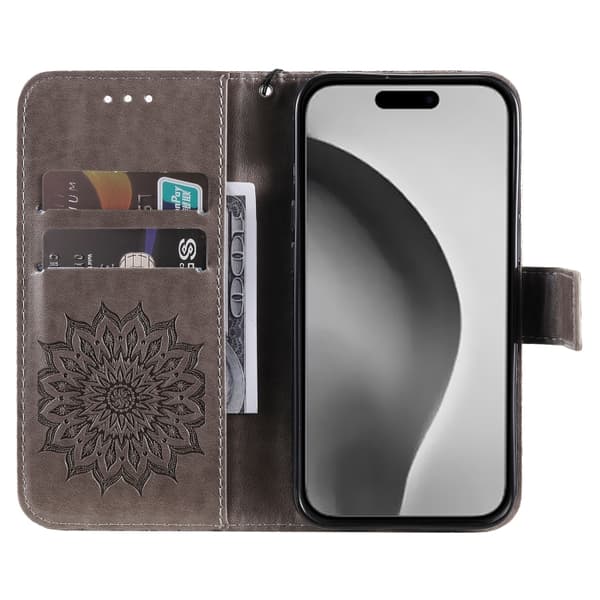 iPhone 16 Pro Skal med Präglad Solrosmönster - Elegant Läderfodral Grå