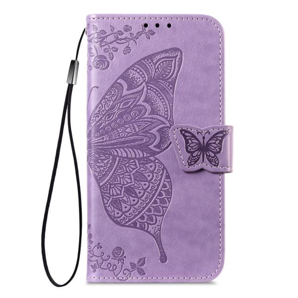 iPhone 18 Pro / iPhone 17 Pro Skal läderfodral med präglad fjärilsblomma Lavendel