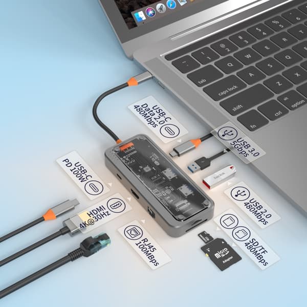 SW8V 8-i-1 Type-C Dockningsstation med USB, HDMI, RJ45 och SD/TF (Grå)