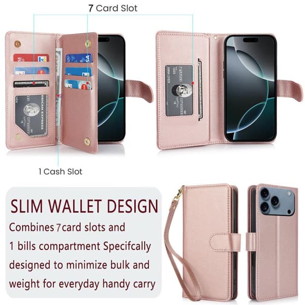 iPhone 18 Pro Max / iPhone 17 Pro Max Skal läderfodral med RFID och flera kortfack Roséguld
