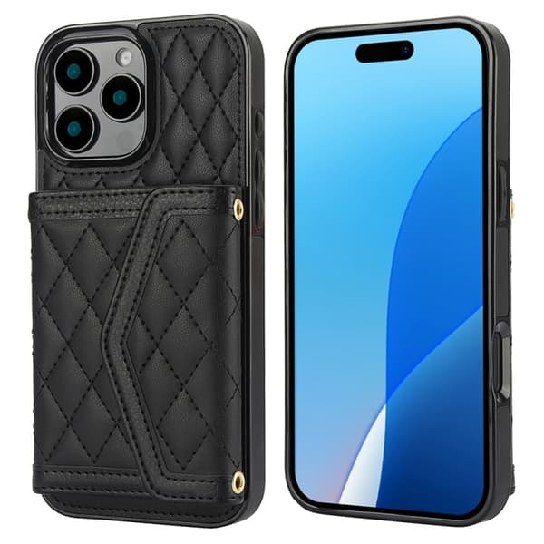 iPhone 16 Pro Max Skal med Splicing Rhombic Textur och Lång Lanyard Svart