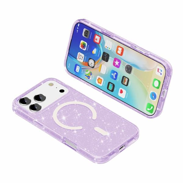 iPhone 18 Pro Max / iPhone 17 Pro Max Skal - Terminator Stil med Glittrande Pulver och MagSafe Magnet Purpur