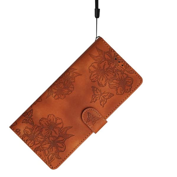 iPhone 18 Pro Max / iPhone 17 Pro Max Skal med Embossed PU och Körsbärsblomma Fjärilsmönster Brun