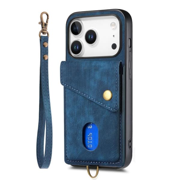 iPhone 18 Pro Max / iPhone 17 Pro Max Skal läderfodral med retro kortficka och rem Blå