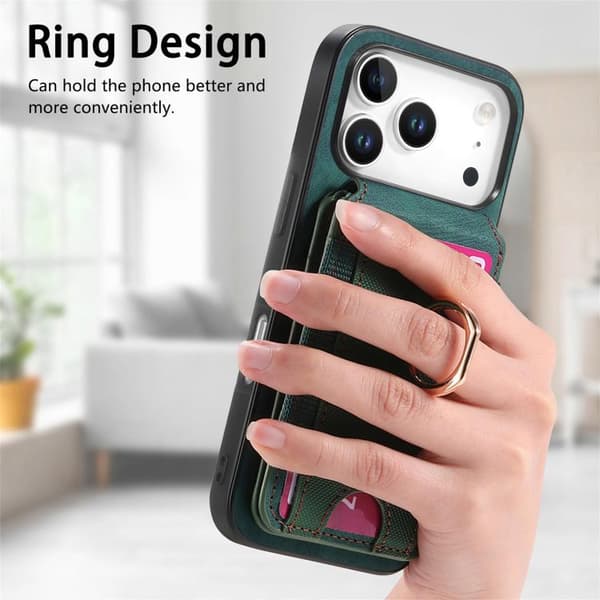 iPhone 18 Pro Max / iPhone 17 Pro Max Skal läderfodral med retro delbart magnetiskt stativ och kortfack Grön