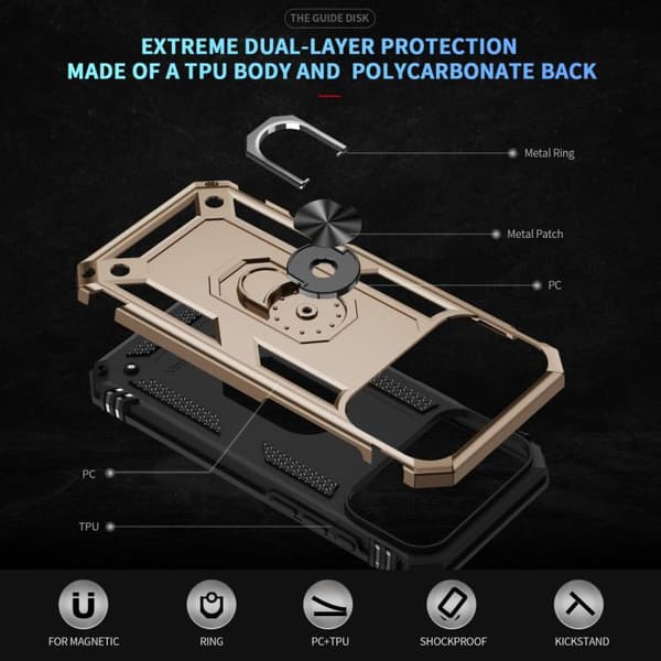 iPhone 17 Pro Skal Shockproof TPU Hybrid PC med Hållare Guld