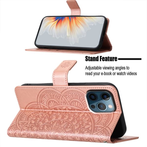 iPhone 16 Pro Max Blomsterpräglat Läderfodral - Elegant Skal för iPhone 16 Pro Max Roséguld