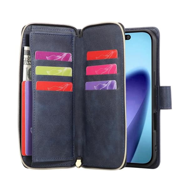 iPhone 18 Pro Max / iPhone 17 Pro Max Skal läderfodral med 9 kortfack och dragkedja Blå