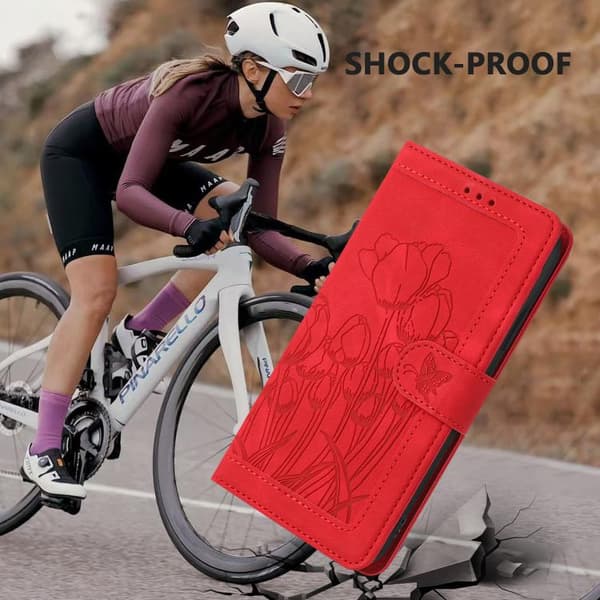 iPhone 18 Pro Max / iPhone 17 Pro Max Skal läderfodral med tulpaner och lanyard Röd