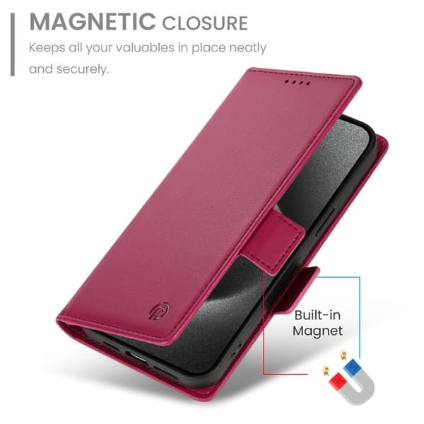iPhone 17 Pro Max Skal läderfodral med sidobuckle - magnetisk frostad läder Vinrött