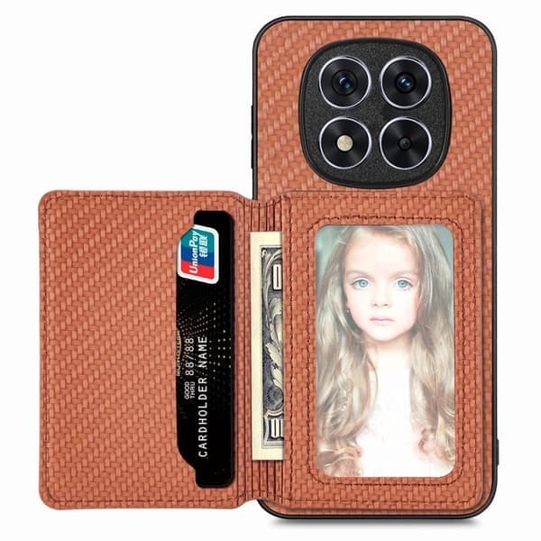 Redmi Note 14 5G - Kolfiber Magnetisk Kortväska fodral Brun