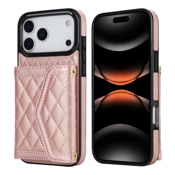 iPhone 18 Pro / iPhone 17 Pro Skal med Spaltad Rhombisk Textur och Lång Rem Roséguld