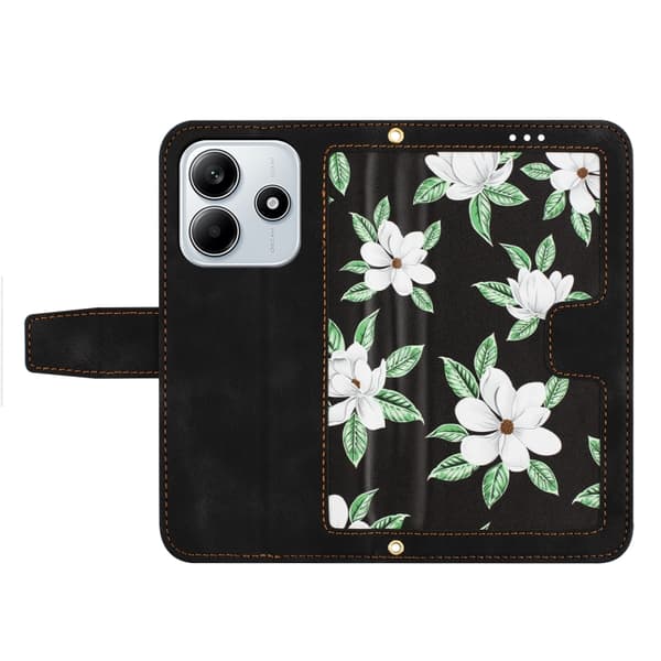 Redmi Note 14 5G - Blommönstrad Läderfodral med Lanyard Svart