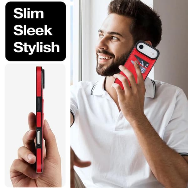 iPhone 17 Air Skal - Litchi Läder med Kortfack Röd