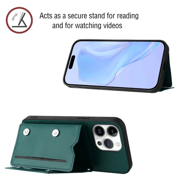 iPhone 16 Pro Max Skal med Fyra Kortfack och Handledsrem Grön