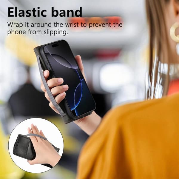iPhone 17 Skal Läderfodral med Elastisk Handledsrem och Magnetisk Sugfunktion Svart