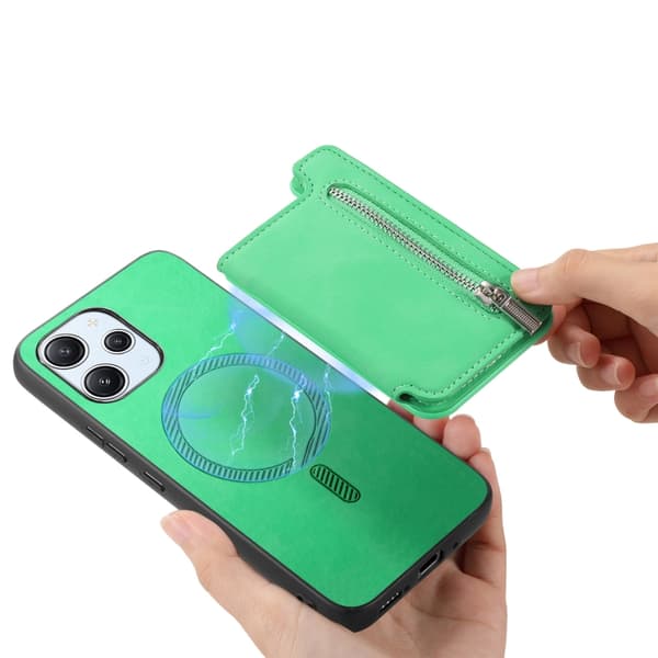 Redmi Note 14 Pro 5G Retro MagSafe Dragkedja Plånbok Kortväska Bakfodral Grön
