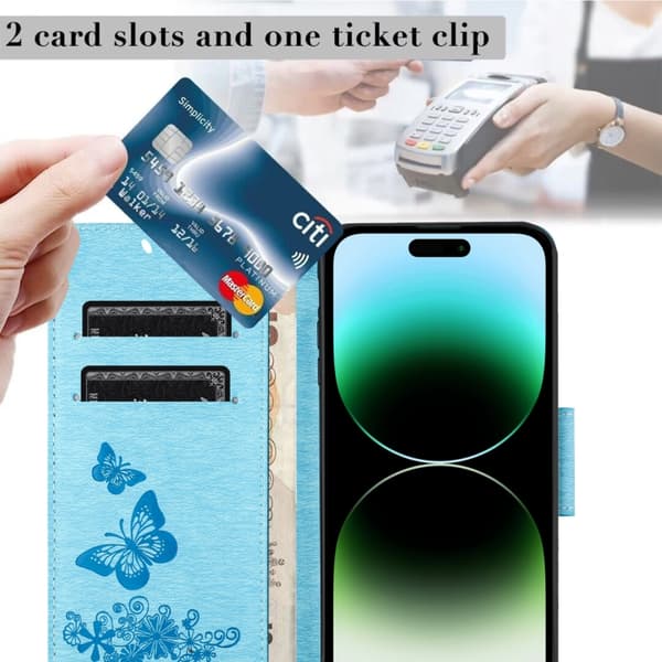 iPhone 16 Pro Max Butterfly Prägad Flip Fodral Skal Blå