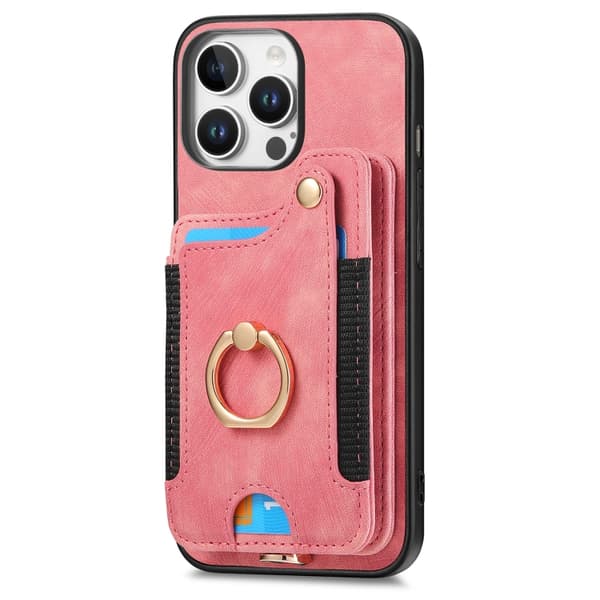 iPhone 16 Pro Retro Skinnkänsla Ring Multi-kort Plånboks Skal Rosa