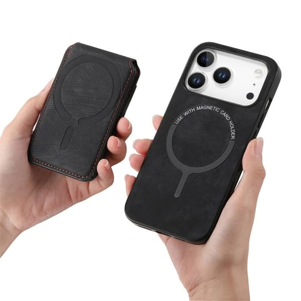iPhone 18 Pro Max / iPhone 17 Pro Max Skal läderfodral med retro delbart magnetiskt stativ och kortfack Svart