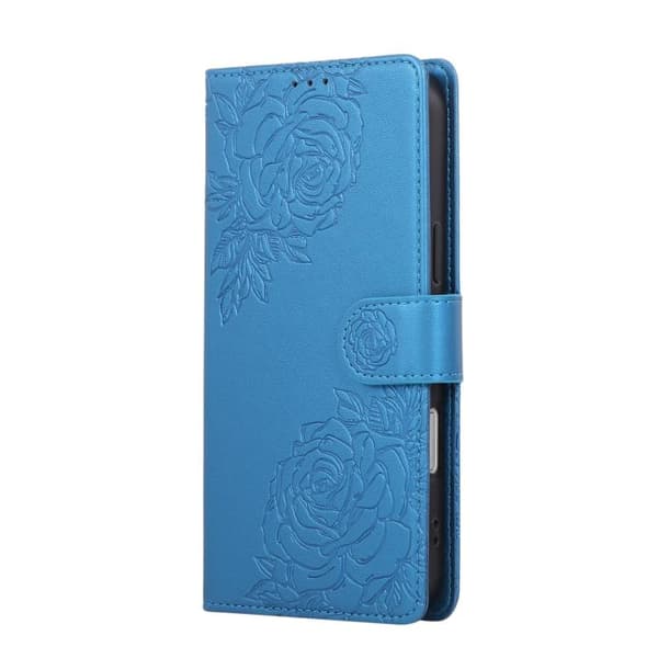 iPhone 18 Pro / iPhone 17 Pro Skal läderfodral med rosblommor och 3 kortfack Blå