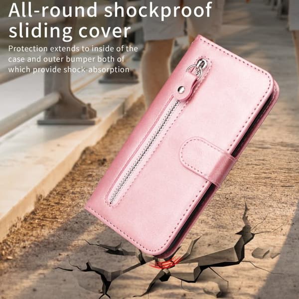 iPhone 18 Pro Max / iPhone 17 Pro Max Skal läderfodral - mode med kalvskinnstextur och dragkedja Roséguld