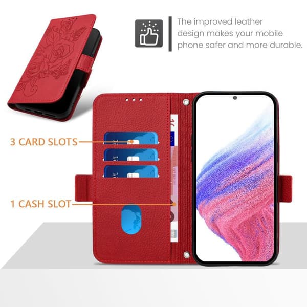 iPhone 17 Pro Max Skal läderfodral med präglad ros och RFID-skydd Röd