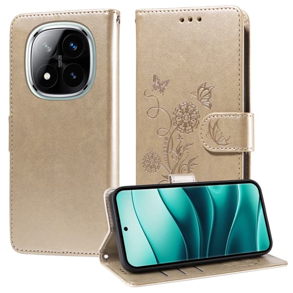 Redmi Note 14 Pro 5G / Note 14 Pro+ 5G - Prägad Fjäril Blommor Läder fodral Guld