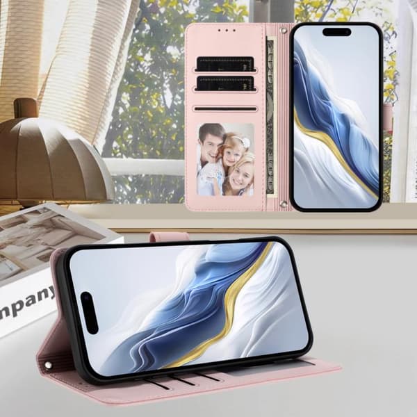 iPhone 18 Pro Max / iPhone 17 Pro Max Skal läderfodral med präglat hjärta och kattdesign samt handrem Rosa
