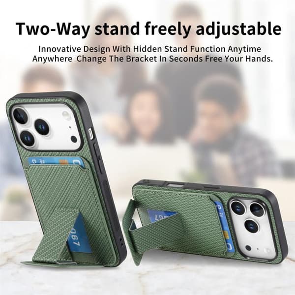 iPhone 18 Pro Max / iPhone 17 Pro Max Skal - Kolfiber med Kortficka och Fällbart Ställ Grön