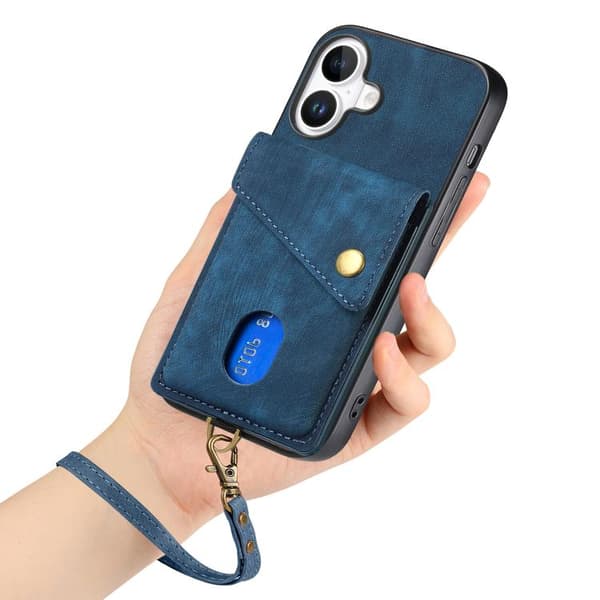 iPhone 17 Skal läderfodral med retro kortfack och rem Blå
