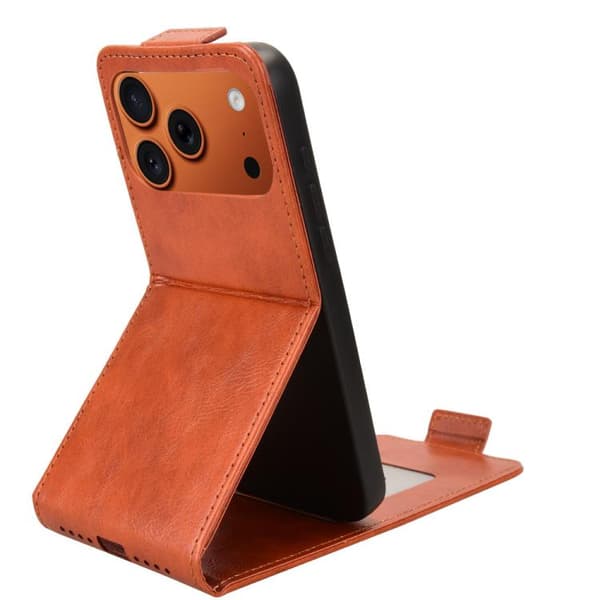 iPhone 17 Pro Skal läderfodral med magnetisk vertikal flip och spänne Brun
