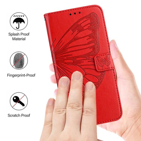 iPhone 18 Pro Max / iPhone 17 Pro Max Skal Läderfodral med Pr präglad Fjäril Röd