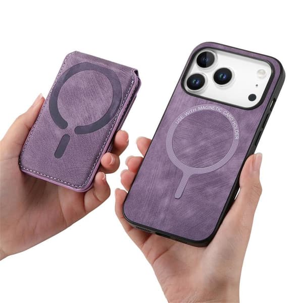 iPhone 18 Pro Max / iPhone 17 Pro Max Skal läderfodral med retro delbart magnetiskt stativ och kortfack Purpur