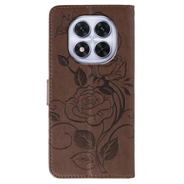 Redmi Note 14 Pro 4G Global - Rose Butterfly Prägad Läderfodral Brun