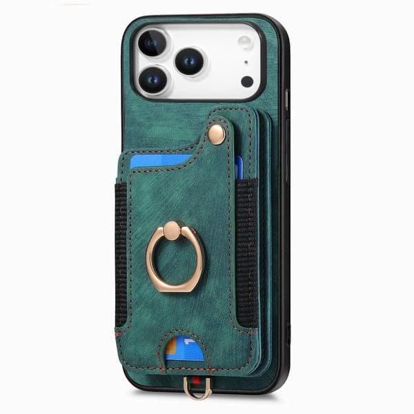 iPhone 18 Pro / iPhone 17 Pro Retro Skinnkänsla Ring Multi-kort Plånboks Skal Grön