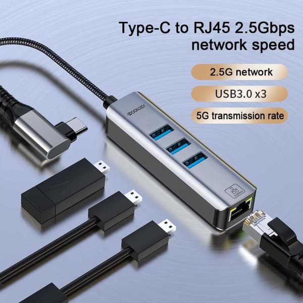 USB-C / Typ-C Elbow till RJ45 och 3 x USB-A Aluminiumlegering Hub Adapter Expander (Grå)