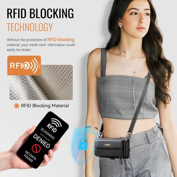 iPhone 17 Skal läderfodral med RFID-blockering och dragkedja, inklusive axelrem Svart