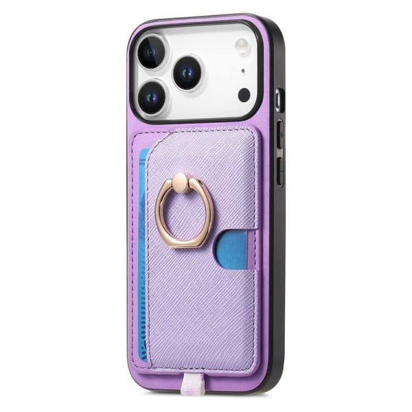 iPhone 18 Pro / iPhone 17 Pro Skal - Retro Korsläder med Ring och Sidofack för Kort, MagSafe Purpur