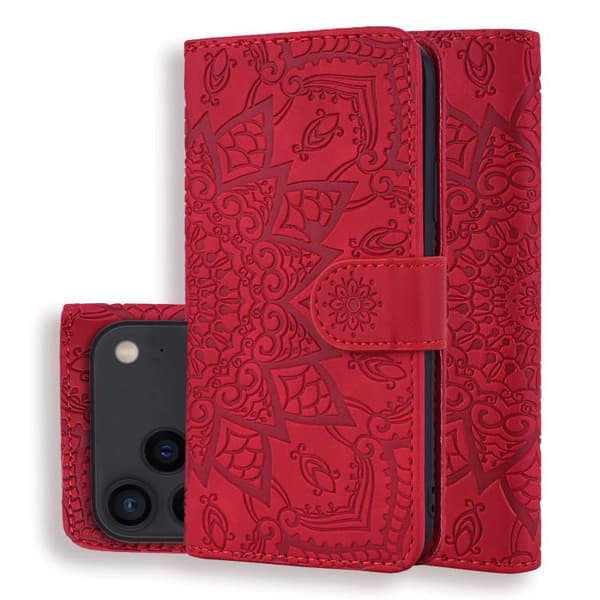 iPhone 18 Pro / iPhone 17 Pro Skal läderfodral med mandala präglad design - dubbelvik Röd
