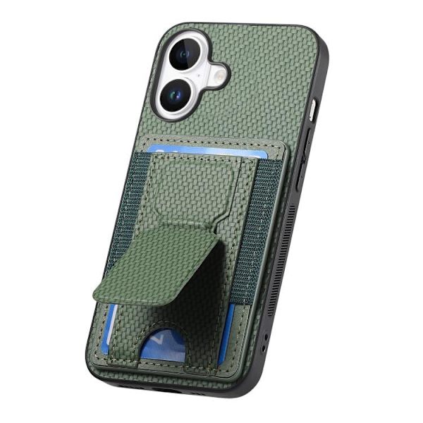 iPhone 17 Skal - Kolfiber med Fällbart Ställ och Elastisk Kortficka Grön