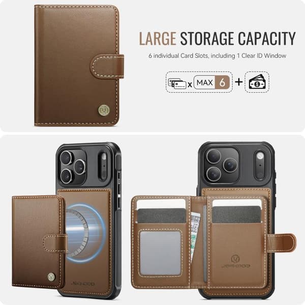 iPhone 18 Pro Max / iPhone 17 Pro Max Skal läderfodral JEEHOOD Buckle Card Bag MagSafe Magnetisk Stil RFID Brun