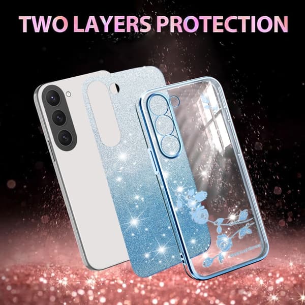 Samsung Galaxy S23 5G Skal med Gradient Glittrande Blommor, Allt-i-ett Blå